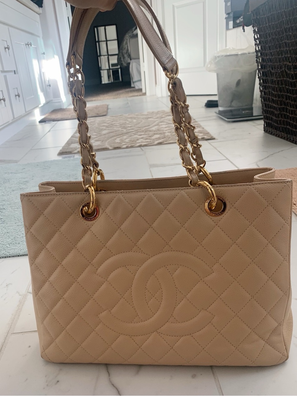 CHANEL Beige Quilted Tote with Gold Chain Handles